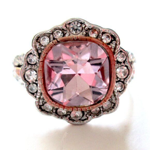 Statement Ring Sterling Silver 925 Pink Cushion Cut Pink Crystal Size 10 1/2 - Picture 1 of 13